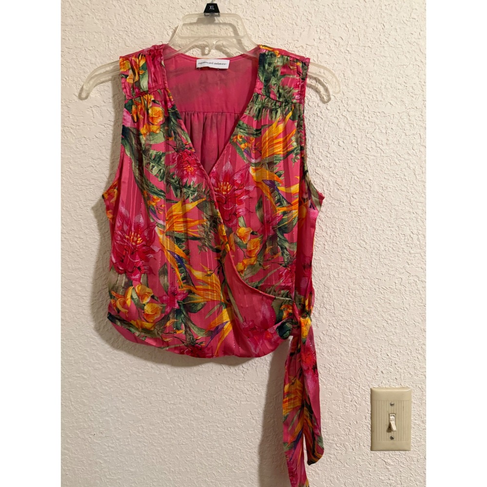 Cupcakes and Cashmere Pink Tropical Floral Metallic Wrap Top Sleeveless XL